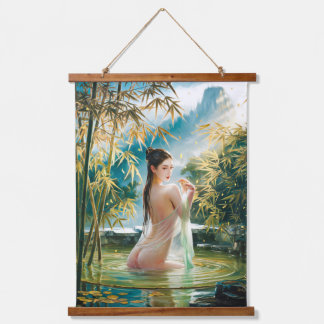 Asian woman bathing in a pond near bamboo tree #5 hanging tapestry