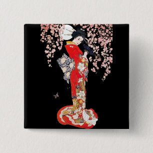 Asian Woman with Cherry Blossom Night 2 Inch Square Button