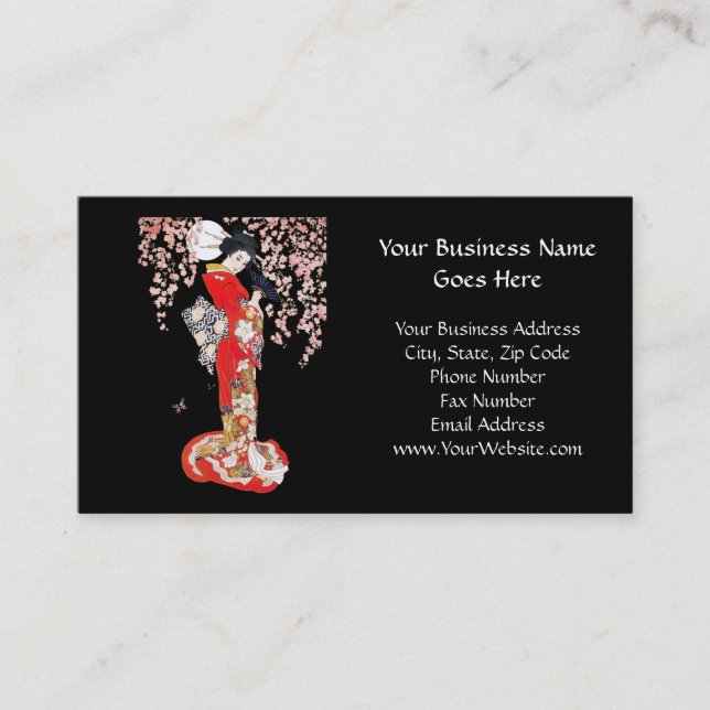 Asian Woman with Cherry Blossom Night Business Card (Front)