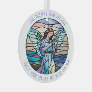 Ask, Believe, Receive Angel Lilac, Aqua Stained Glass Ornament
