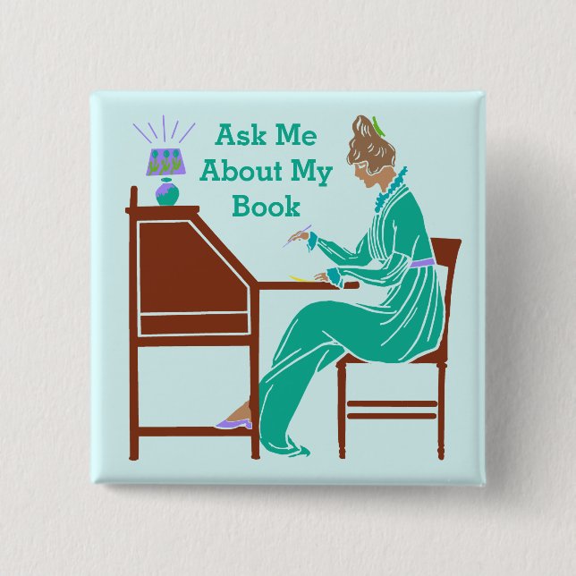 Ask Me About My Book Art Deco Lady Author 2 Inch Square Button (Front)