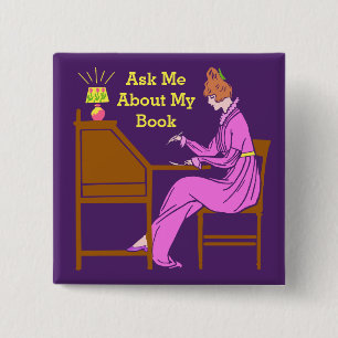 Ask Me About My Book Art Deco Lady Author 2 Inch Square Button
