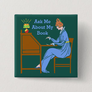 Ask Me About My Book Art Deco Lady Author 2 Inch Square Button