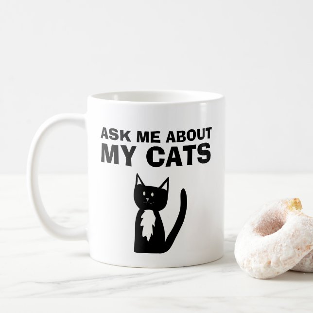 Ask Me About My Cats Black White Tuxedo Kitten Coffee Mug (With Donut)