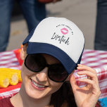 Ask Me About My Lipstick | Lip Product Distributor Trucker Hat<br><div class="desc">Promote your Lipsense or lip product business in a unique and eyecatching way with our cute promotional trucker hat featuring "ask me about my lipstick" in chic block and handwritten typography,  with a bright pink lip print kiss illustration in the center.</div>