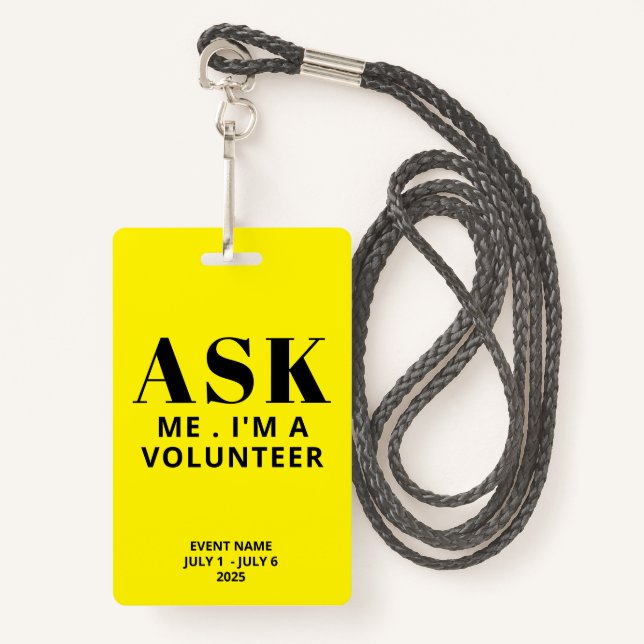 Ask Me Yellow Volunteer Badge (Front with Lanyard)