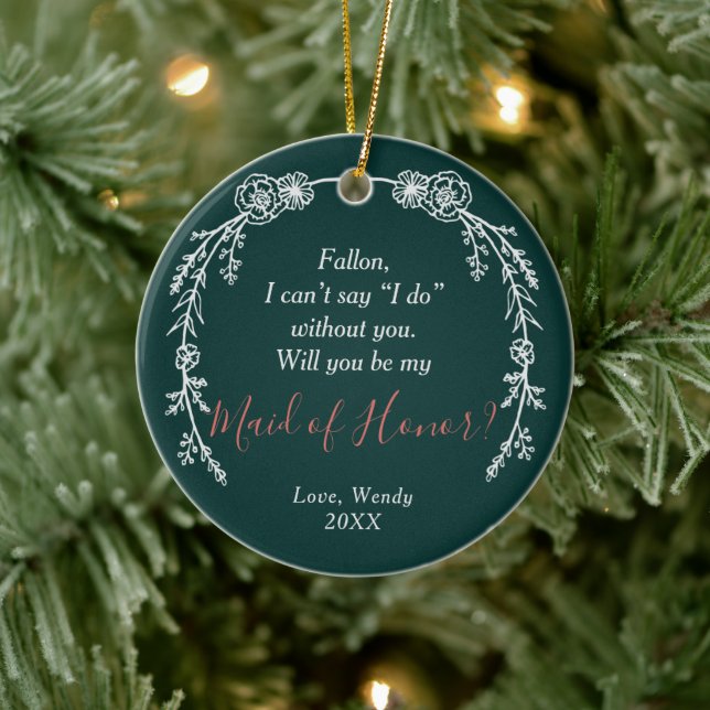 Asking Maid of Honour Personalized Line Art Wreath Ceramic Ornament (Tree)