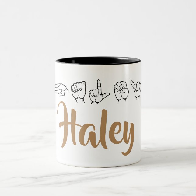 ASL American Sign Language Finger spelled Haley Two-Tone Coffee Mug (Center)