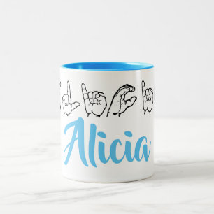 ASL American Sign Language Fingerspelled Alicia Two-Tone Coffee Mug