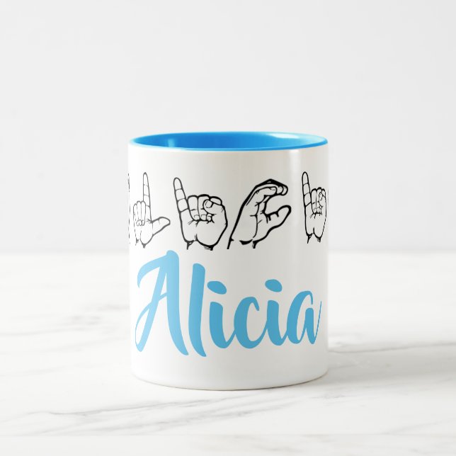 ASL American Sign Language Fingerspelled Alicia Two-Tone Coffee Mug (Center)