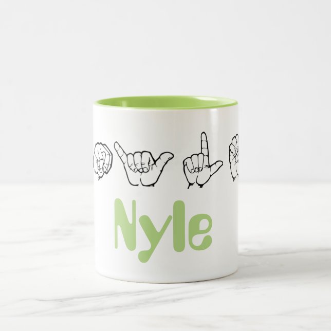 ASL American Sign Language Fingerspelled Nyle Two-Tone Coffee Mug (Center)