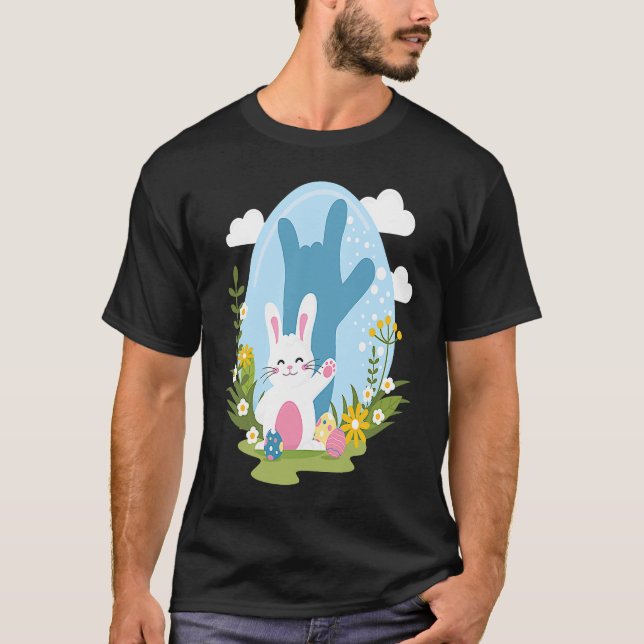 ASL Easter Bunny Reflection I Love You Hand Sign L T-Shirt (Front)