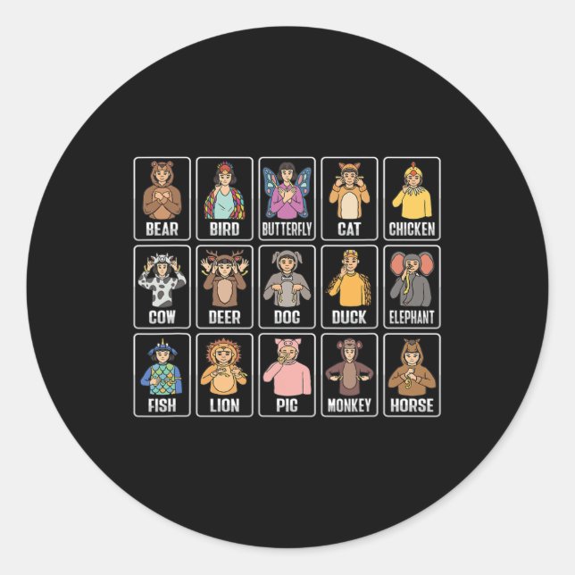 Asl Hand Gesture Animals Deaf Hearing Loss Awarene Classic Round Sticker (Front)