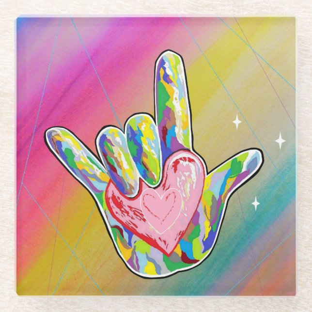 ASL I LOVE YOU Heart Glass Coaster (Front)