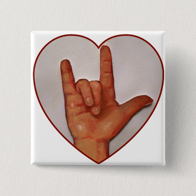 ASL I LOVE YOU, HEART SHAPED 2 INCH SQUARE BUTTON (Front)