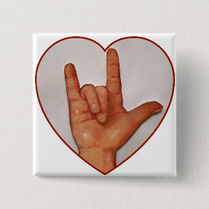 ASL I LOVE YOU, HEART SHAPED 2 INCH SQUARE BUTTON