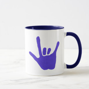 ASL Love hand in blue on mugs