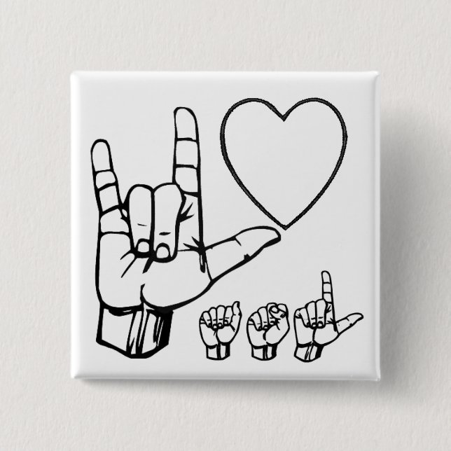 asl love, heart, asl 2 inch square button (Front)