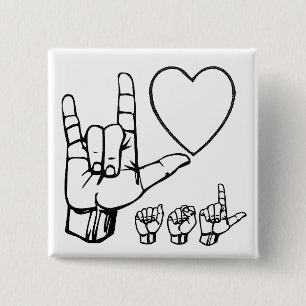 asl love, heart, asl 2 inch square button