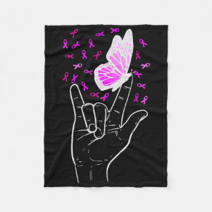 Asl Love Sign Butterfly Breast Cancer Awareness Pi Fleece Blanket