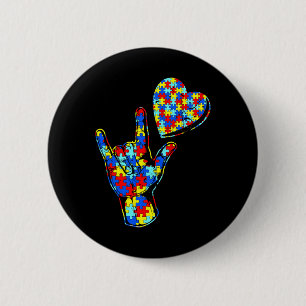 ASL Love Sign Language Autism Awareness Puzzle Kin 2 Inch Round Button