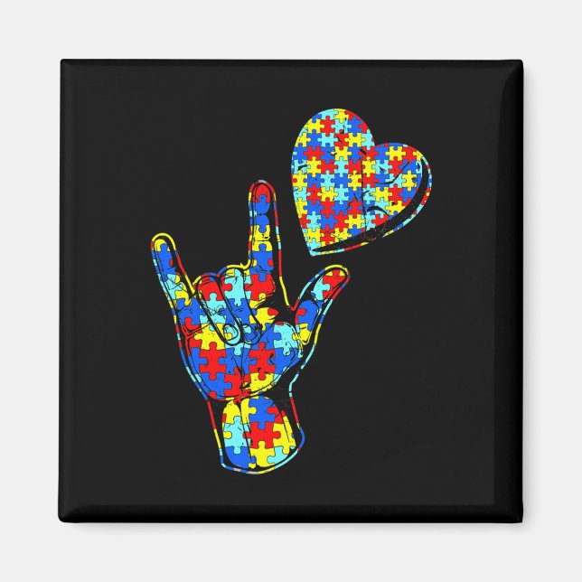 ASL Love Sign Language Autism Awareness Puzzle Kin Magnet (Front)