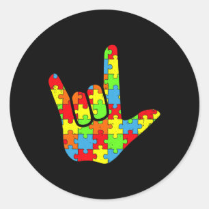 Asl Love Sign Language Autism Awareness Puzzle Pie Classic Round Sticker
