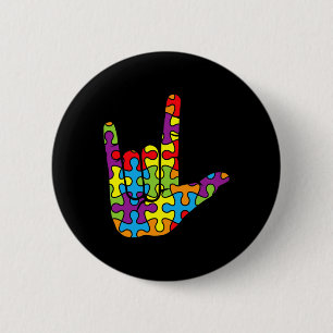 ASL Love Sign Language Autistic Puzzle Autism Awar 2 Inch Round Button