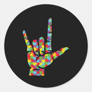 ASL Love Sign Language Hand Autism Awareness Puzzl Classic Round Sticker