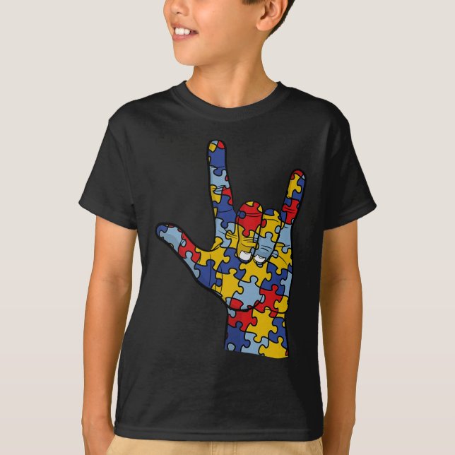 ASL Love Sign Language Hand Autism Awareness Suppo T-Shirt (Front)