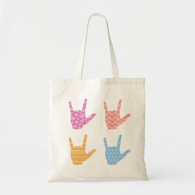 ASL Sign Language I Love You in Bright Patterns Tote Bag (Front)