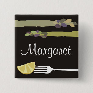 Asparagus fork lemon culinary name tag badge 2 inch square button