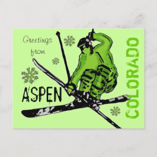 Aspen Colorado green theme skier postcard