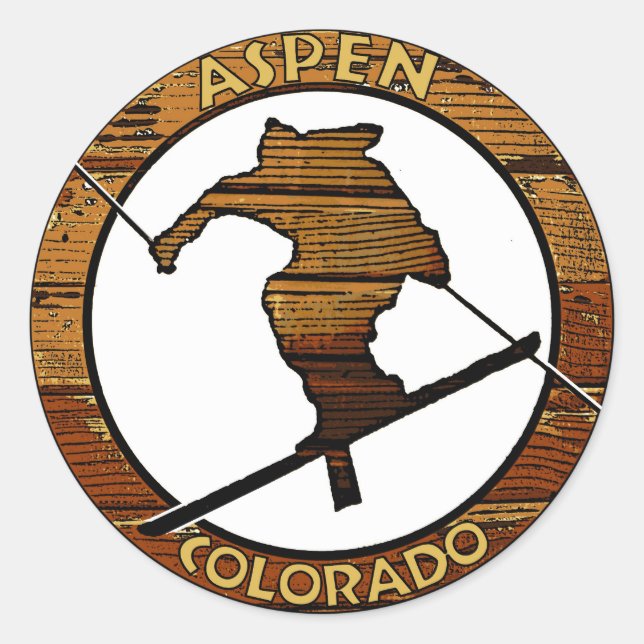Aspen Colorado wooden skier circle Classic Round Sticker (Front)