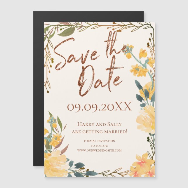 Aspen Gold Roses and Copper Save the Date Magnetic Magnetic Invitation (Front/Back)