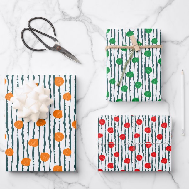 Aspen Leaves and Tree Bark Fall Orange Red Green Wrapping Paper Sheet (Front)