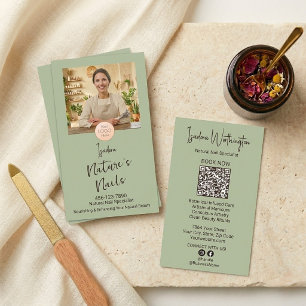 Aspen Sage Green Photo Nail Artist Tech Logo QR Business Card