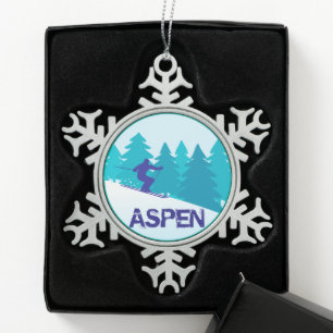 Aspen Ski Circle Snowflake Pewter Christmas Ornament