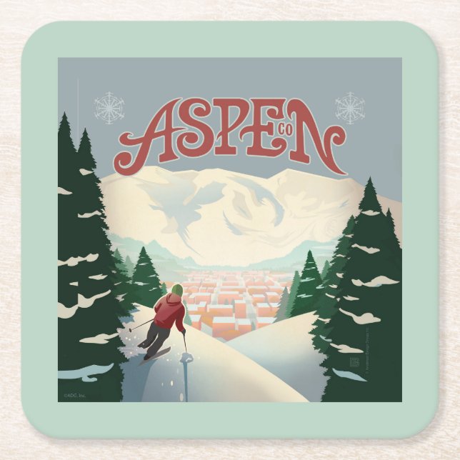Aspen Skier | Colorado Square Paper Coaster (Front)