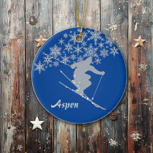 Aspen Snowflake Skier Personalized Ceramic Ornament