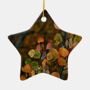 ASPEN TREE BRANCHES WITH FALL COLORED LEAVES CERAMIC ORNAMENT