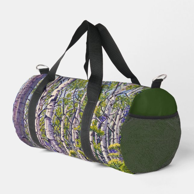 Aspen Tree Forest in Purple & Green – Art  Duffle Bag (Right Corner)