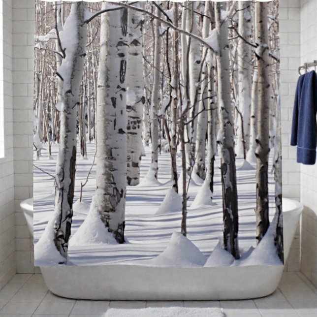 Aspen Tree Trunks Long Shadows in Winter Snow (Aspen trees in winter snow photograph shower curtain in bathroom setting)
