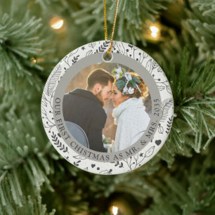 Aspen Winter   First Christmas as Mr Mrs Botanical Ceramic Ornament
