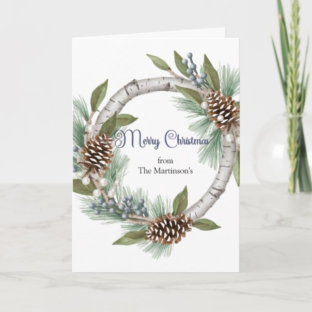 Aspen Wreath with Pinecones Christmas Card (Front)