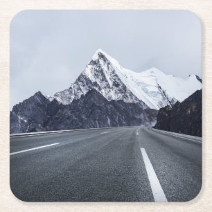 Asphalt Road in front of Snow Mountain Square Paper Coaster