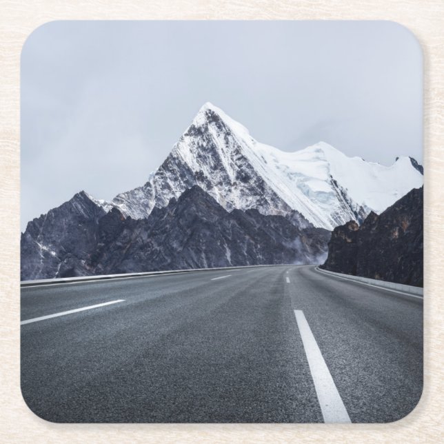 Asphalt Road in front of Snow Mountain Square Paper Coaster (Front)