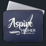 ASPIRE HIGHER Inspirational NAVY Christian Laptop Sleeve<br><div class="desc">Inspirational message - Aspire Higher - with Scripture reference Colossians 3:2 "Set your mind on things above". A motivational message, simply yet stylishly displayed. Monogram A for Aspire in the background (can be deleted). All text is fully customisable, so you can personalise with your own monogram, favourite message and Scripture...</div>
