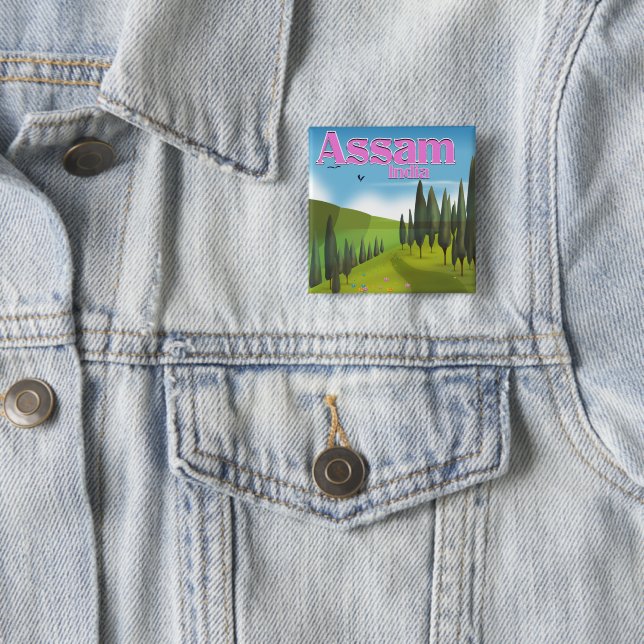 Assam India travel poster print. 2 Inch Square Button (In Situ)