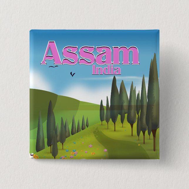 Assam India travel poster print. 2 Inch Square Button (Front)